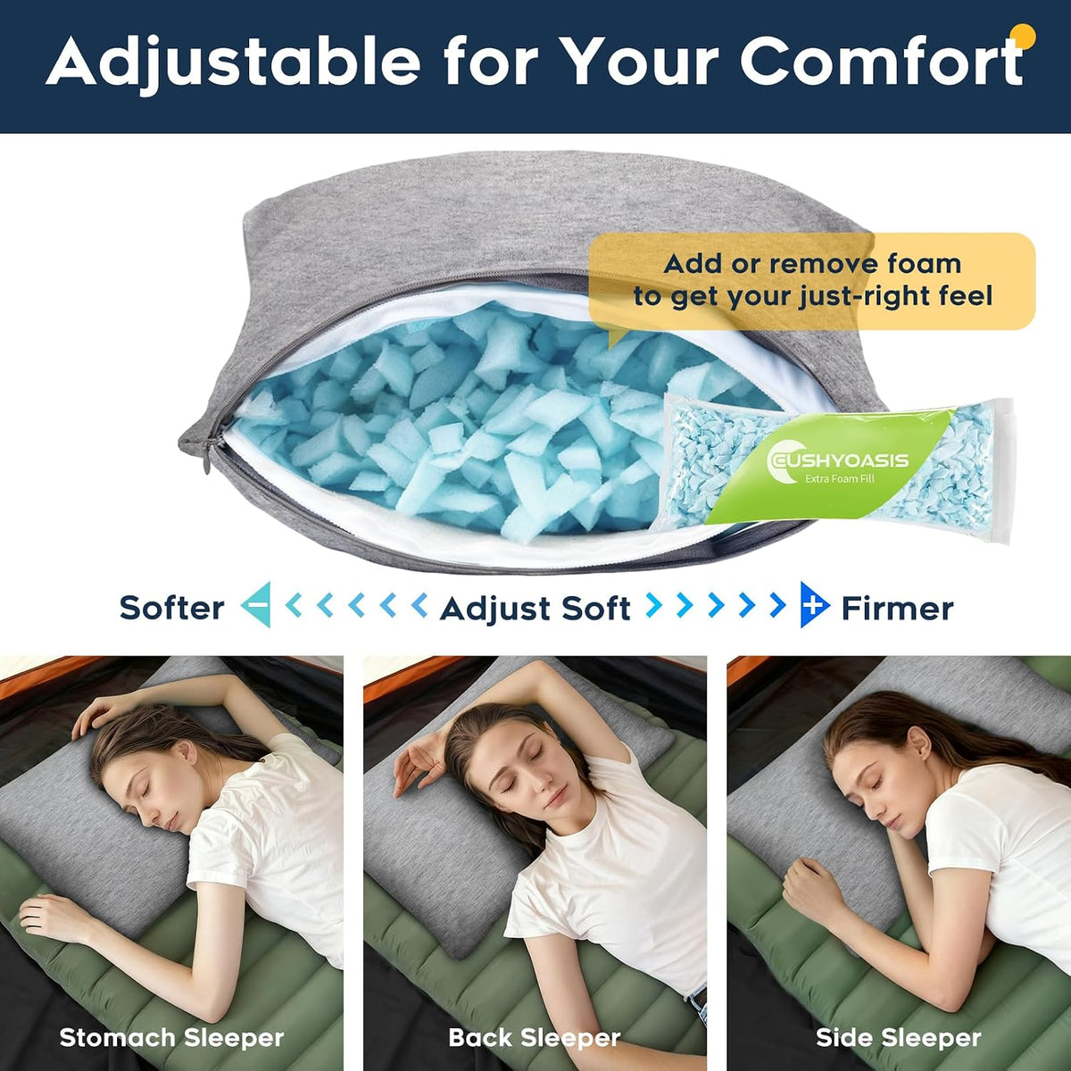 Camping Pillow Set with Travel Pillow, Eye Mask, Earplugs Large | Compact Travel Pillow Set, Neck Pillow, Camping Backpacking Fights Car Trips, Washable Cover, Adjustable Shredded Memory Foam