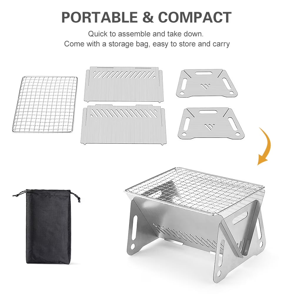 Camping Wood Burning Stove with Grill Plate Outdoor Portable Folding Stainless Steel Backpacking 8.3"X6.3"X4.9" Cooking Stove