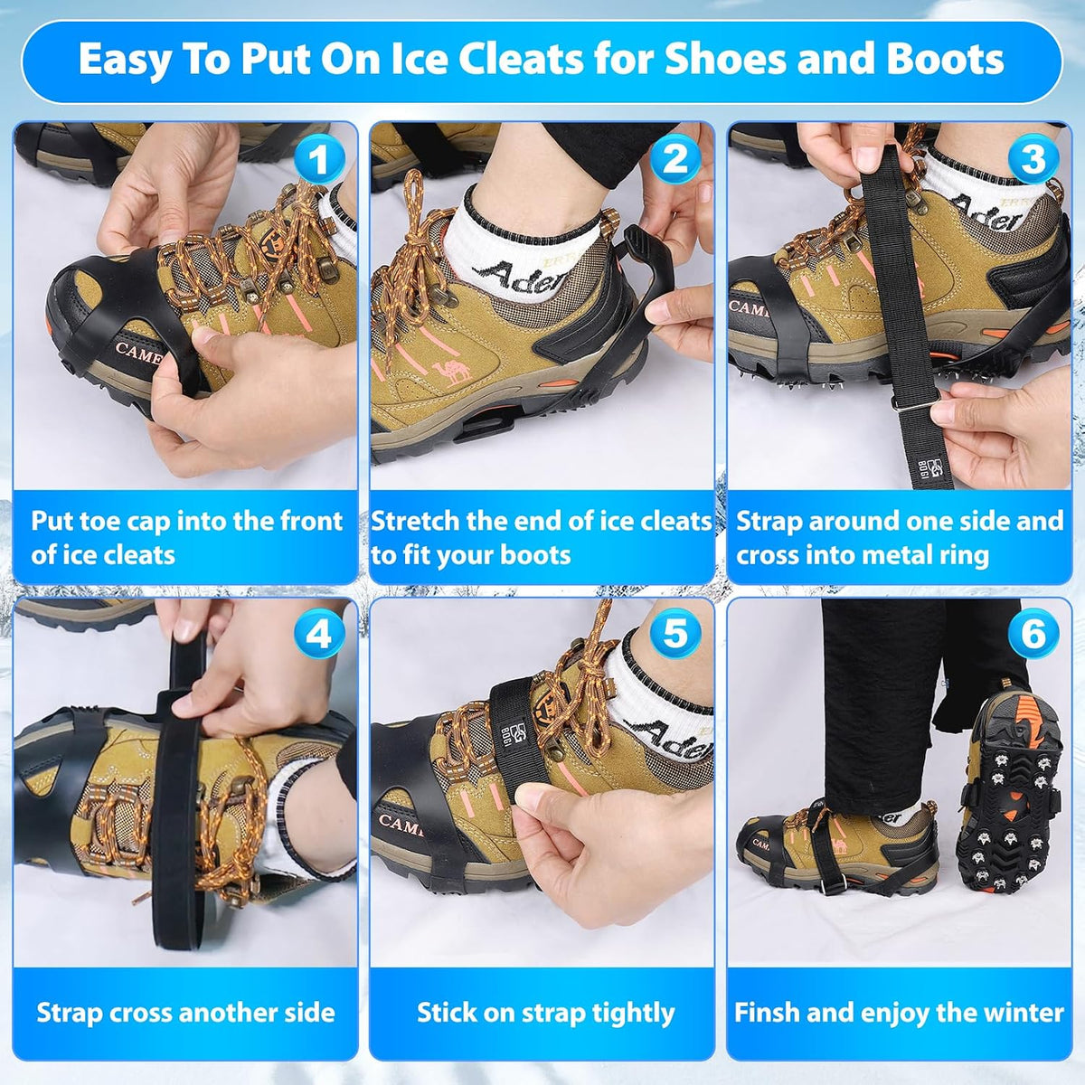 Crampons, Ice Cleats for Shoes and Boots with 12 Stainless Steel Spikes Non-Slip Ice Shoes Grippers Traction Cleats for Snow Ice, Winter Hiking, Walking, Fishing, Climbing for Women Men Kids