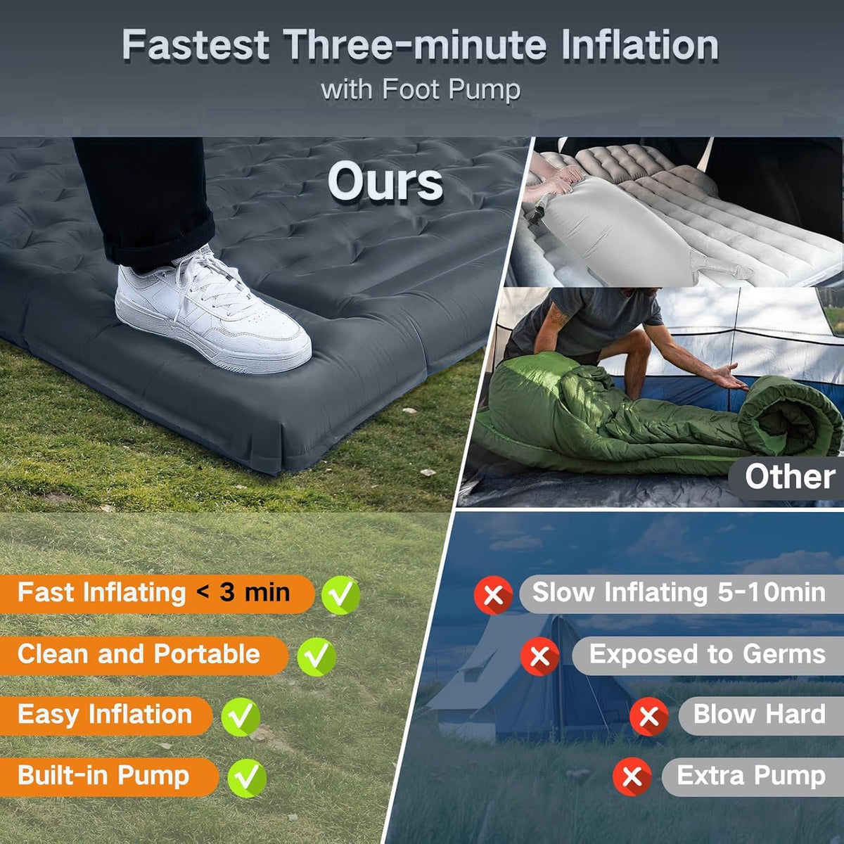 Double Sleeping Pad Camping with Pillow & Built-In Foot Pump