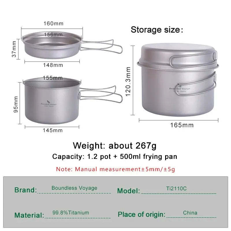 Titanium Pot Pan Set with Folding Handles Camping Cookware Hiking
