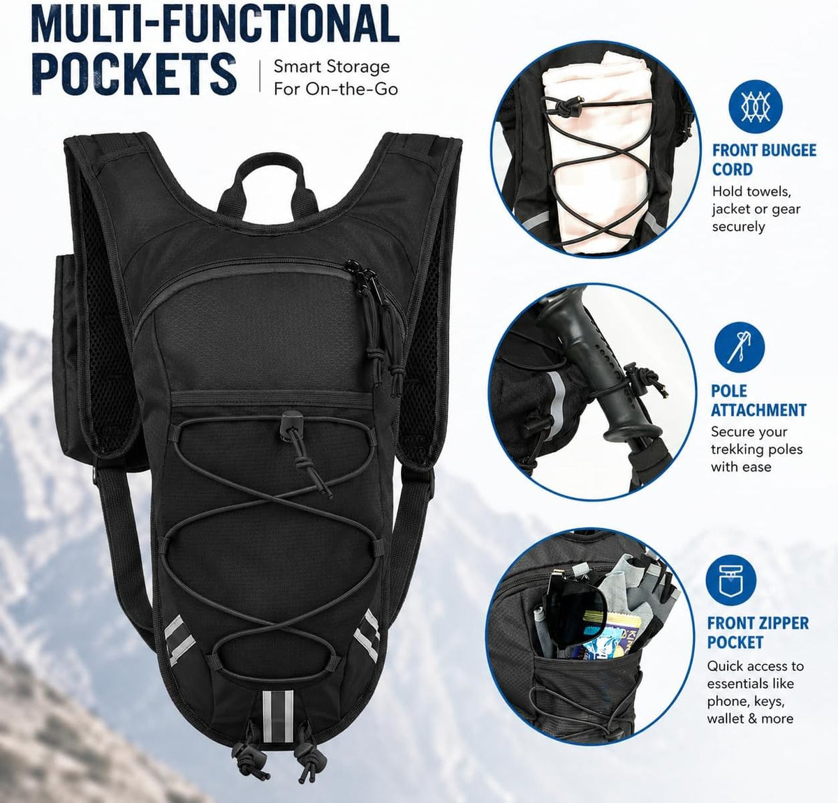 Lightweight Hydration Backpack 2L Water Bladder Pack for Running, Cycling, Hiking – Anti-Theft Water Backpack with Phone Holder, Trekking Pole Holder & Reflective Strips for Men & Women