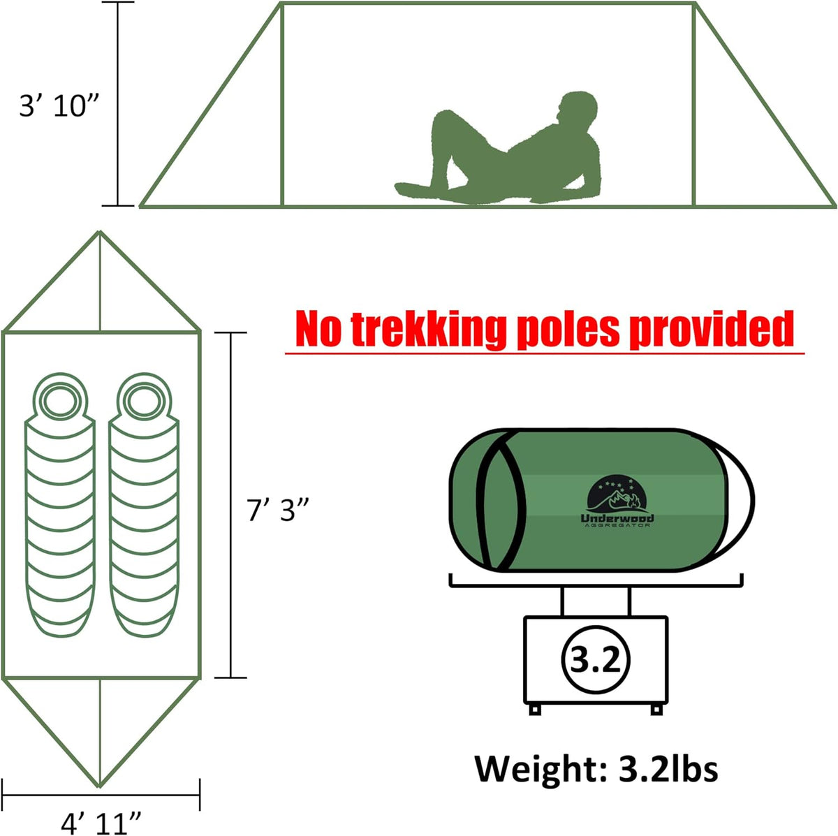 2 Person Trekking Pole Tent, Ultralight Camping Backpacking Tent (NO Poles)