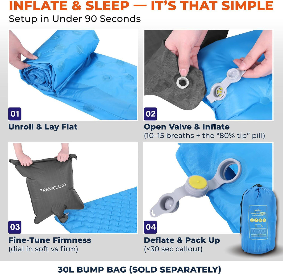 Insulated Sleeping Pad Backpacking Ultralight - Sgs-Certified 5.5 High R Value Mat, 4" Thick 75X25” Wide Rectangular Mattress for Camping, 150Kg Capacity, 28Oz, ALUFT R5