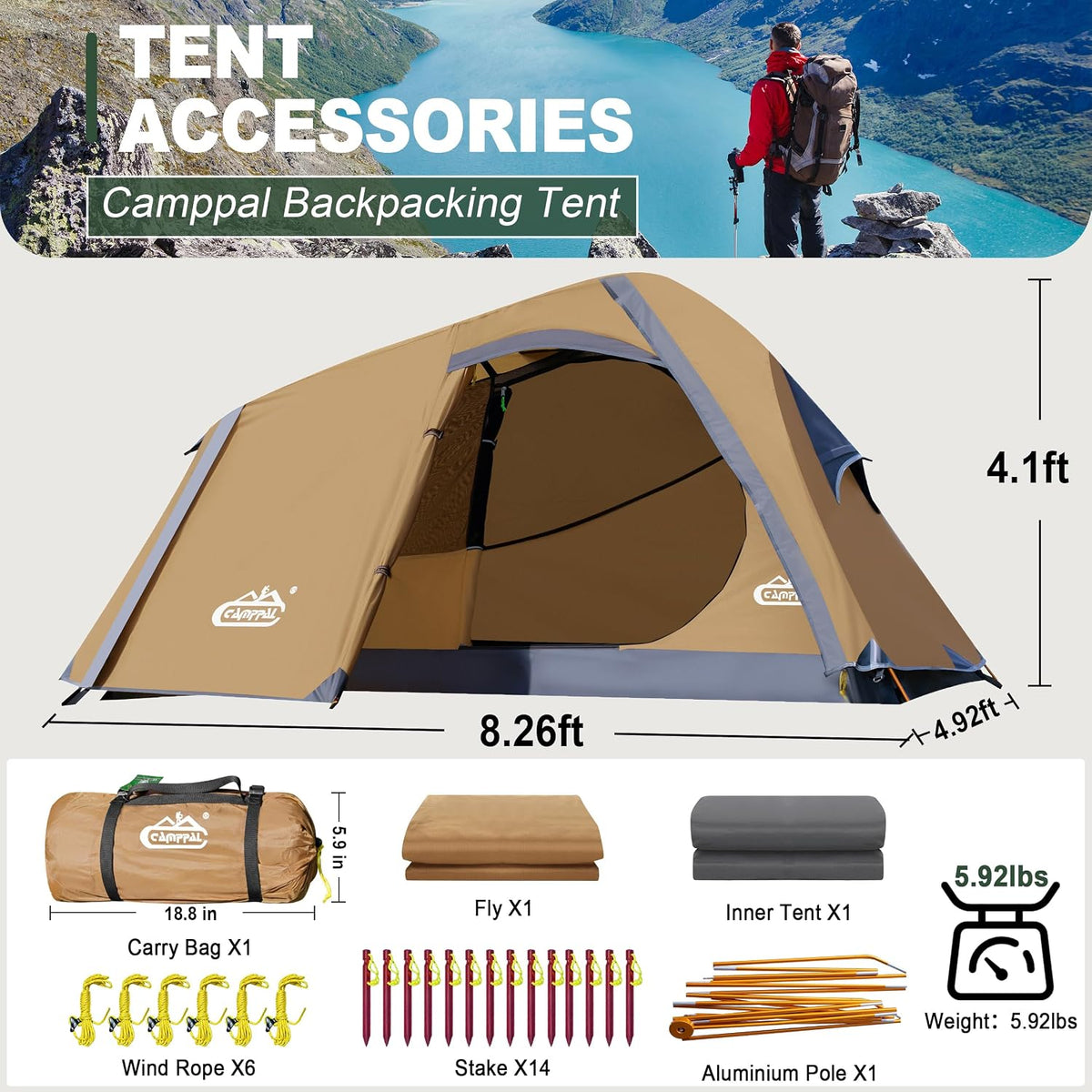 1 Person Backpacking Tent Waterproof Windproof Single Person Tent Lighweight Compact One Person Tent for Camping, Hiking