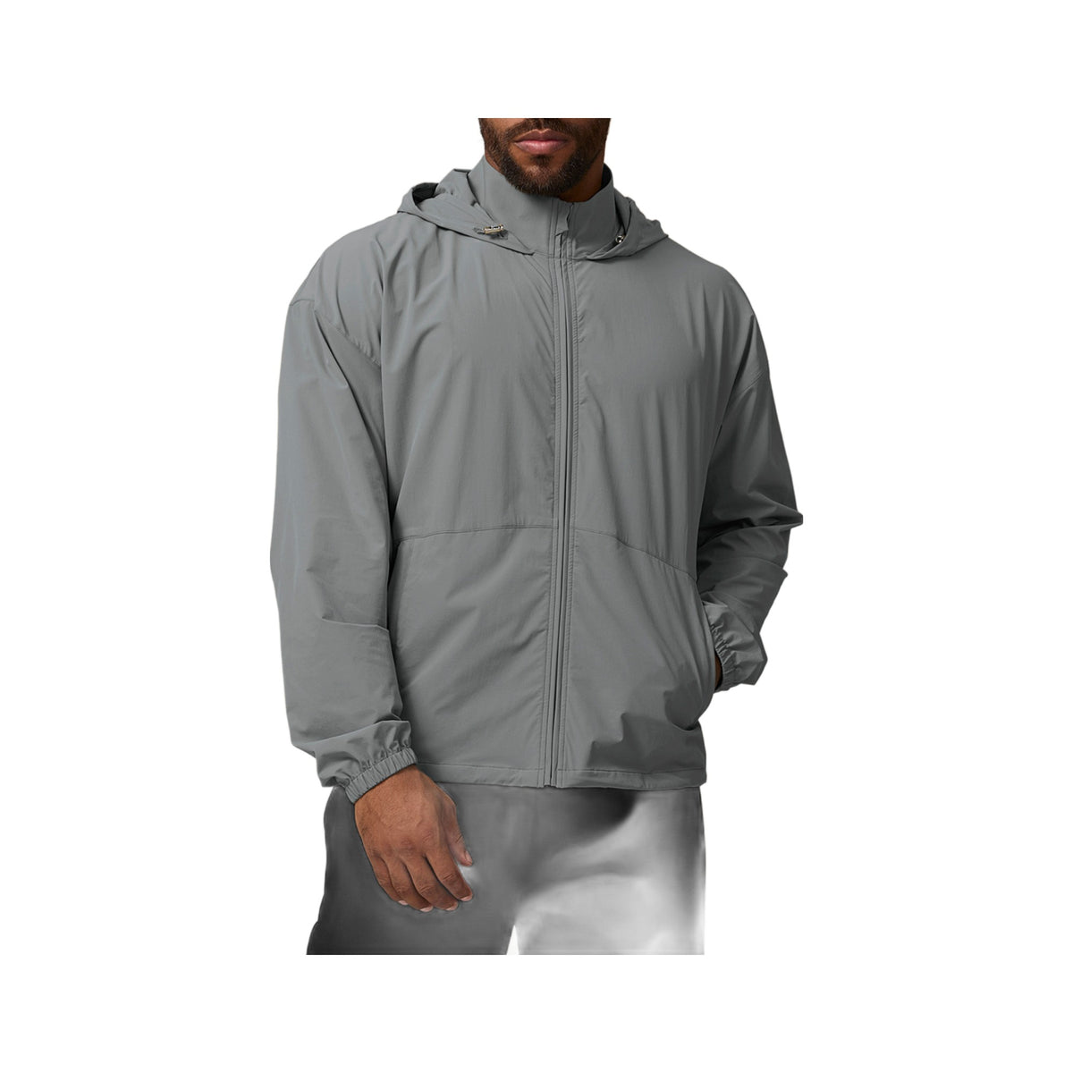 Hooded Stretch Windbreaker in Inspiration Gray, photographed on a white background