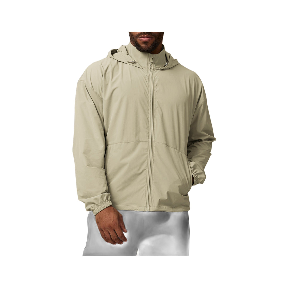 Hooded Stretch Windbreaker in Amber White, photographed on a white background
