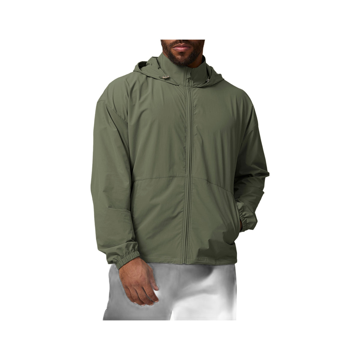 Hooded Stretch Windbreaker in Fog Green, photographed on a white background