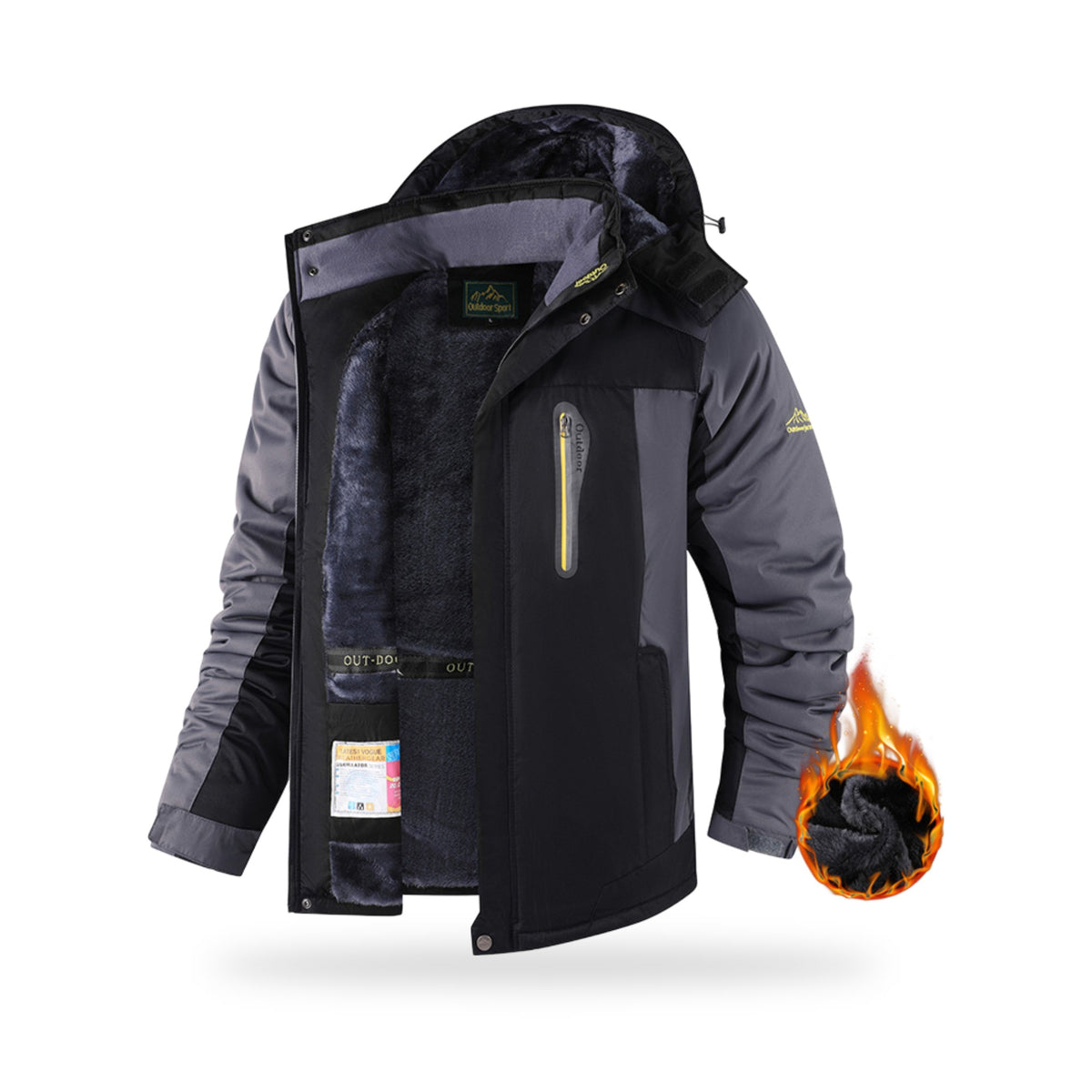 Fleece-Lined Hooded Trail Jacket in Black, photographed on a white background