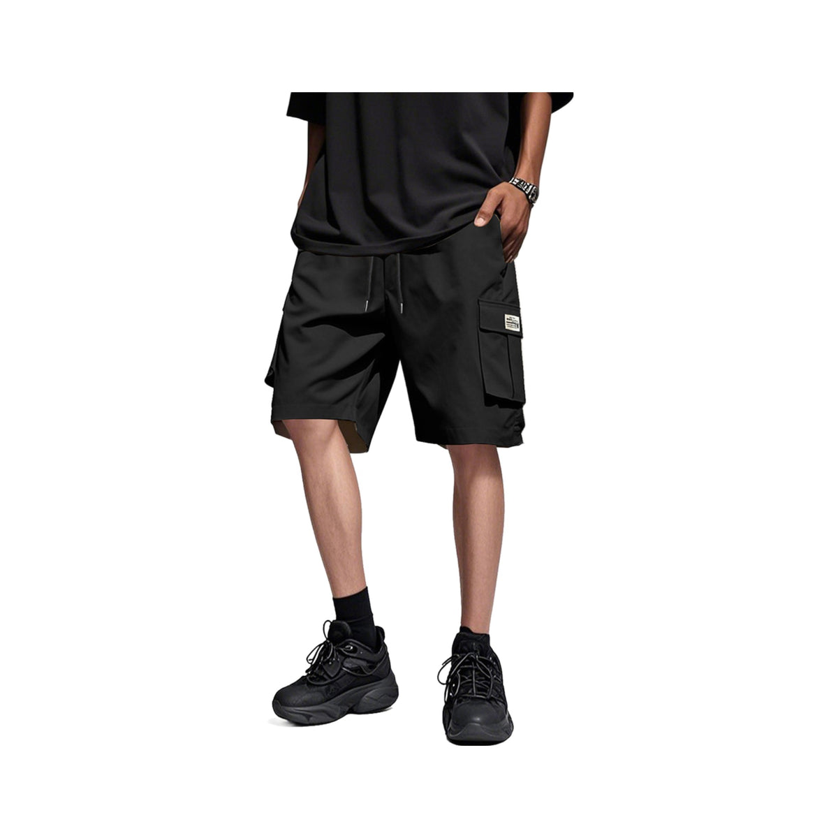 Drawstring Cargo Trail Shorts in Black, photographed on a white background