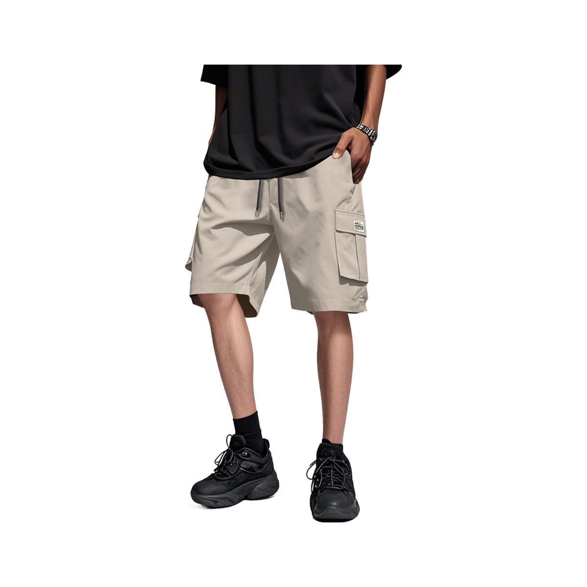 Drawstring Cargo Trail Shorts in Khaki, photographed on a white background
