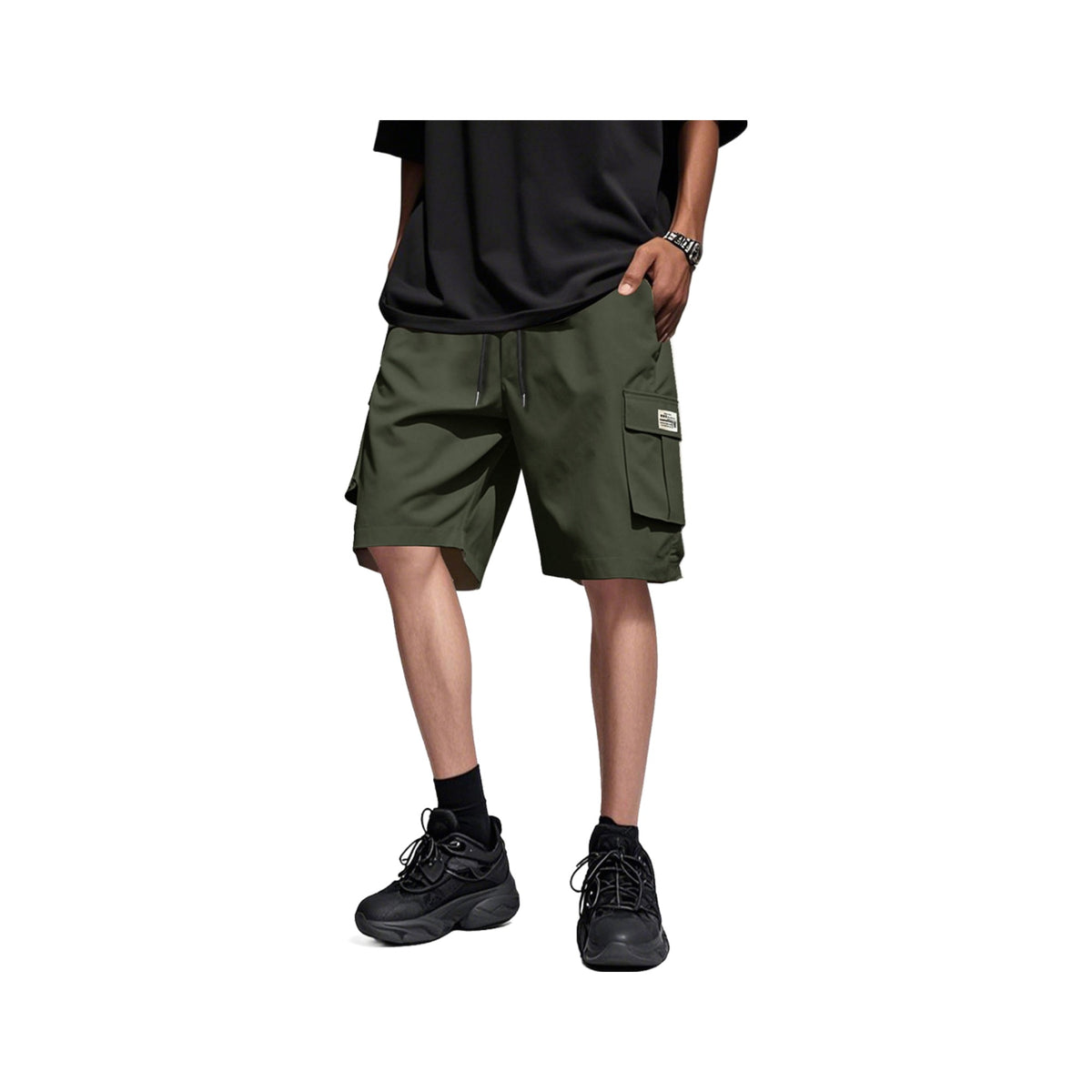 Drawstring Cargo Trail Shorts in Army Green, photographed on a white background