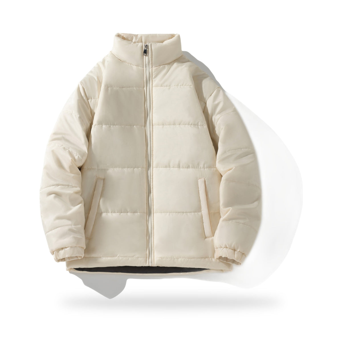 Stand-Collar Puffer in Off White, photographed on a white background
