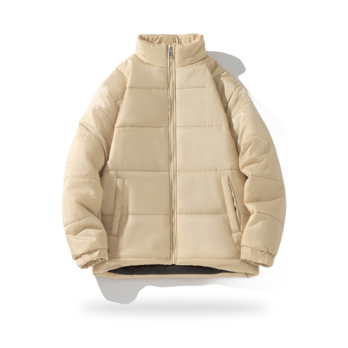 Stand-Collar Puffer in Khaki, photographed on a white background