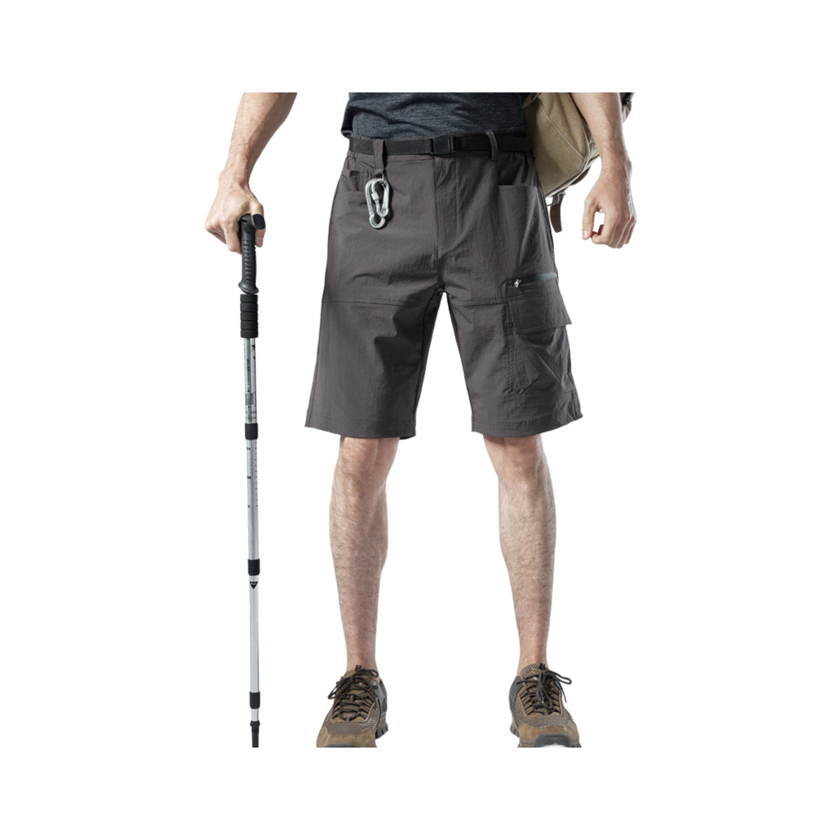 Stretch Cargo Hiking Shorts in Gray, photographed on a white background