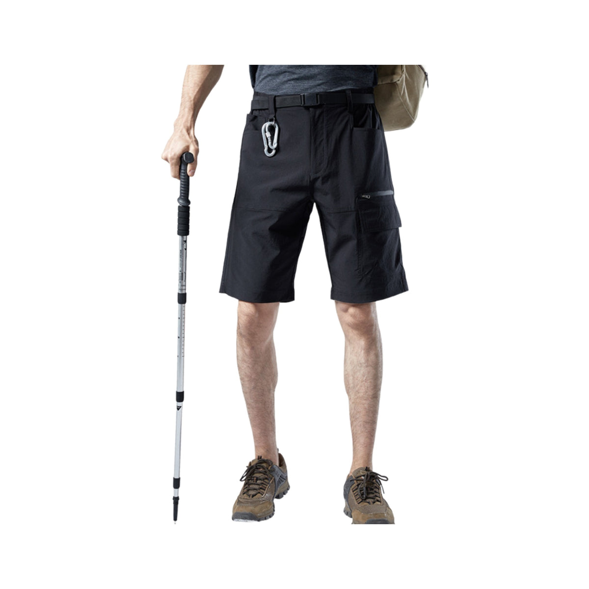 Stretch Cargo Hiking Shorts in Black, photographed on a white background