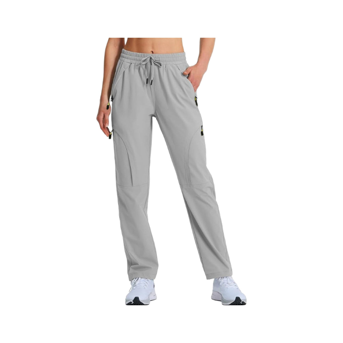 Women’s Drawstring Cargo Trail Pants in Light Gray, photographed on a white background