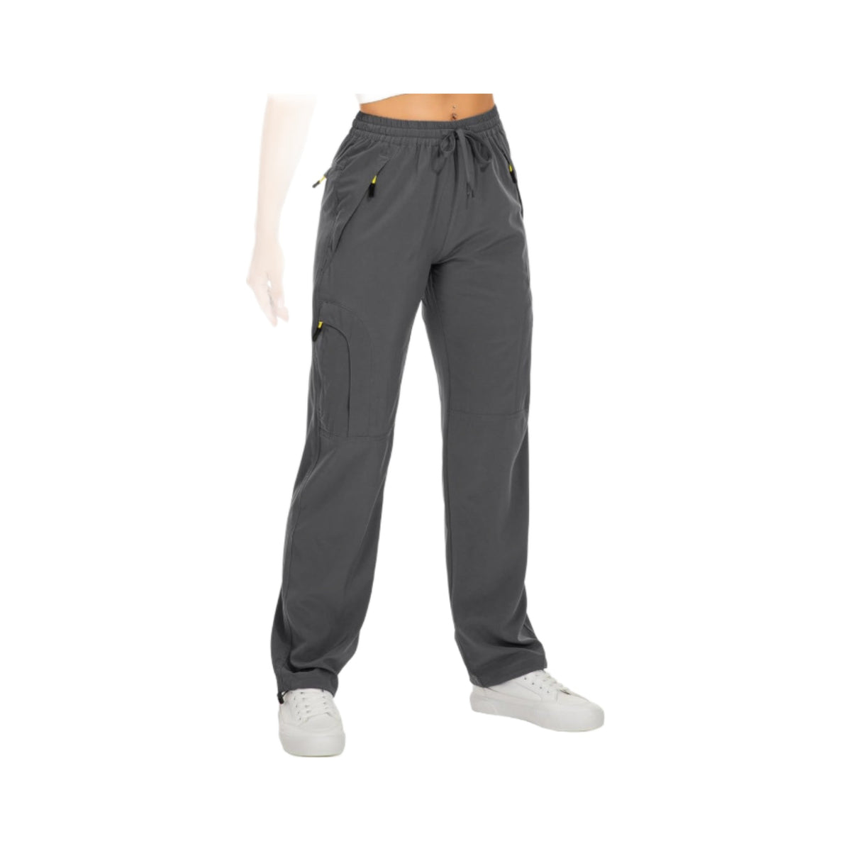 Women’s Drawstring Cargo Trail Pants in Dark Gray, photographed on a white background