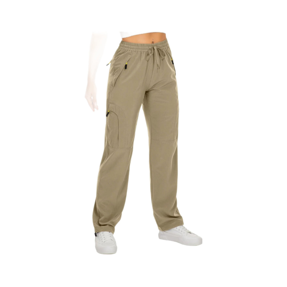 Women’s Drawstring Cargo Trail Pants in Mud Yellow, photographed on a white background