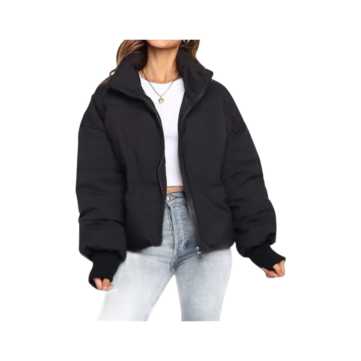 Women's Short Puffer in Black, photographed on a white background