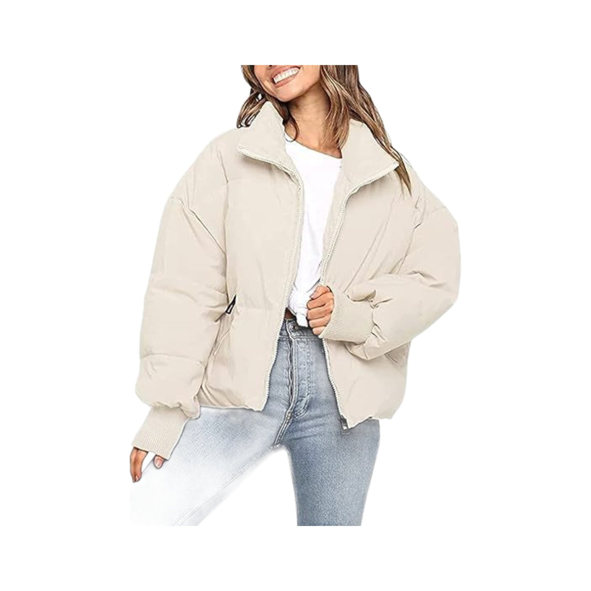Women's Short Puffer in Apricot, photographed on a white background