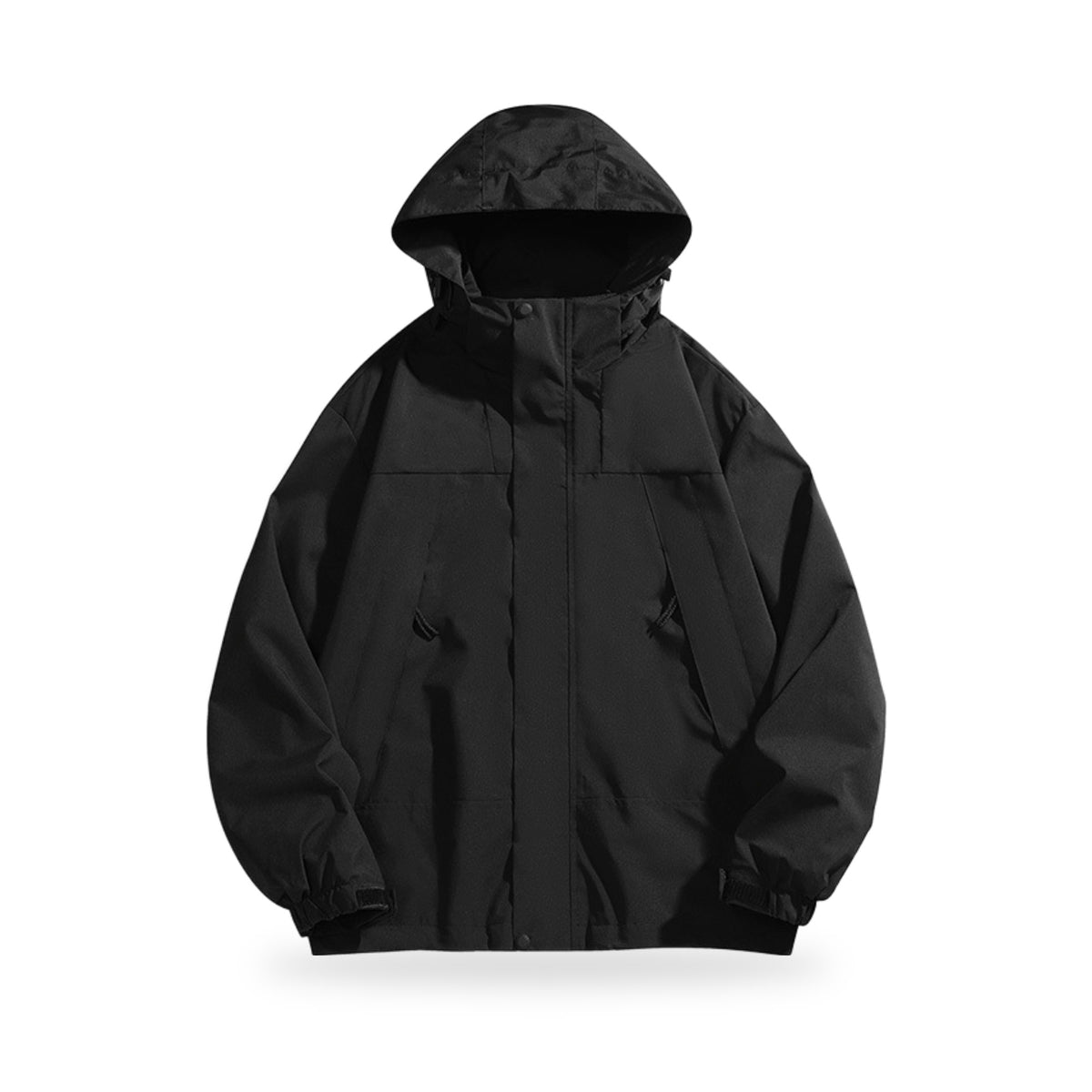 Detachable-Hood Windbreaker in Black, photographed on a white background