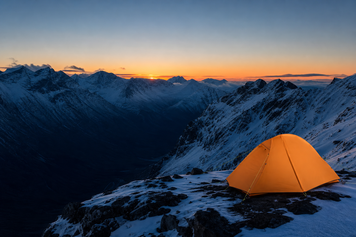 Alpine landscape at sunset with a tent in the foreground