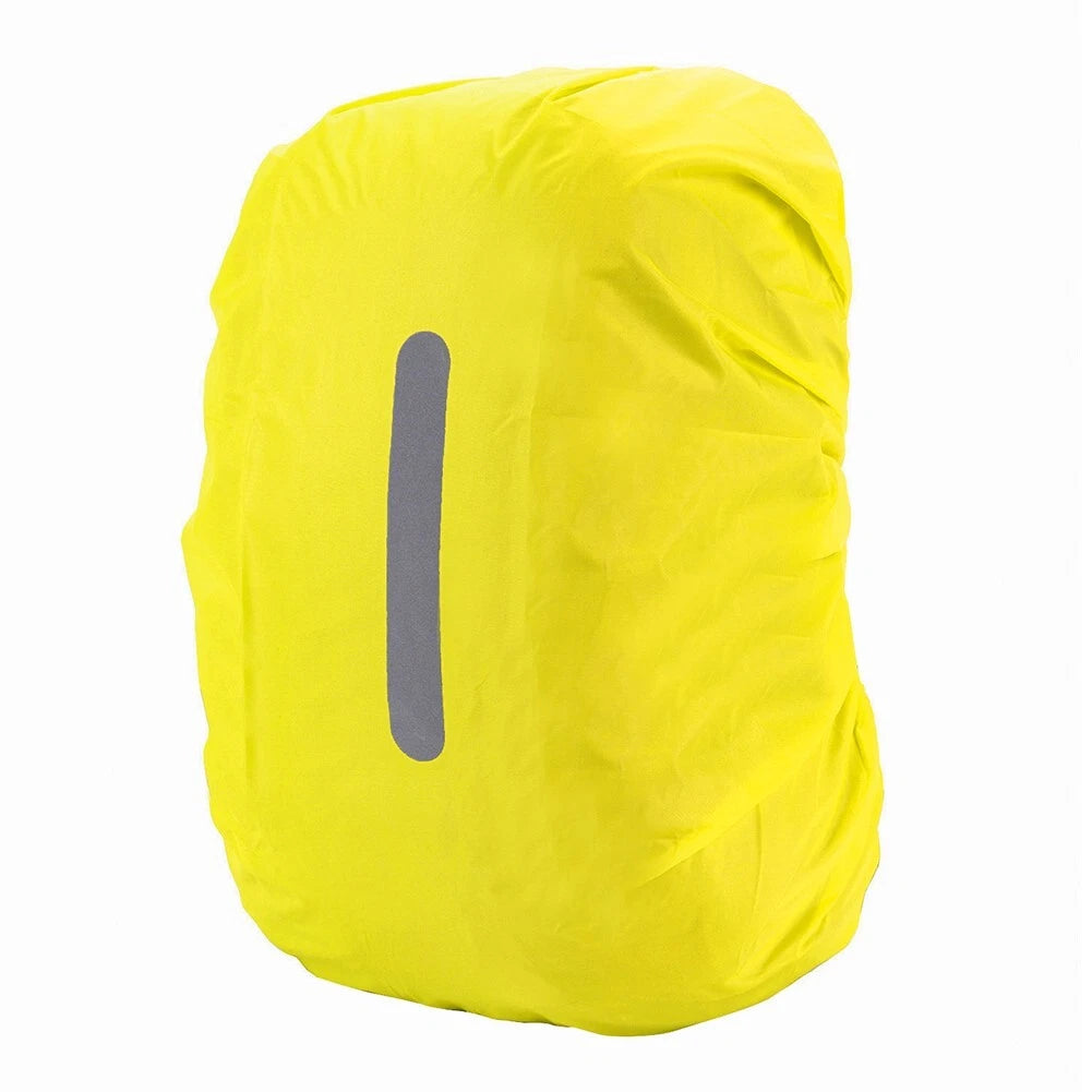 Reflective backpack rain cover shown fitted to a backpack