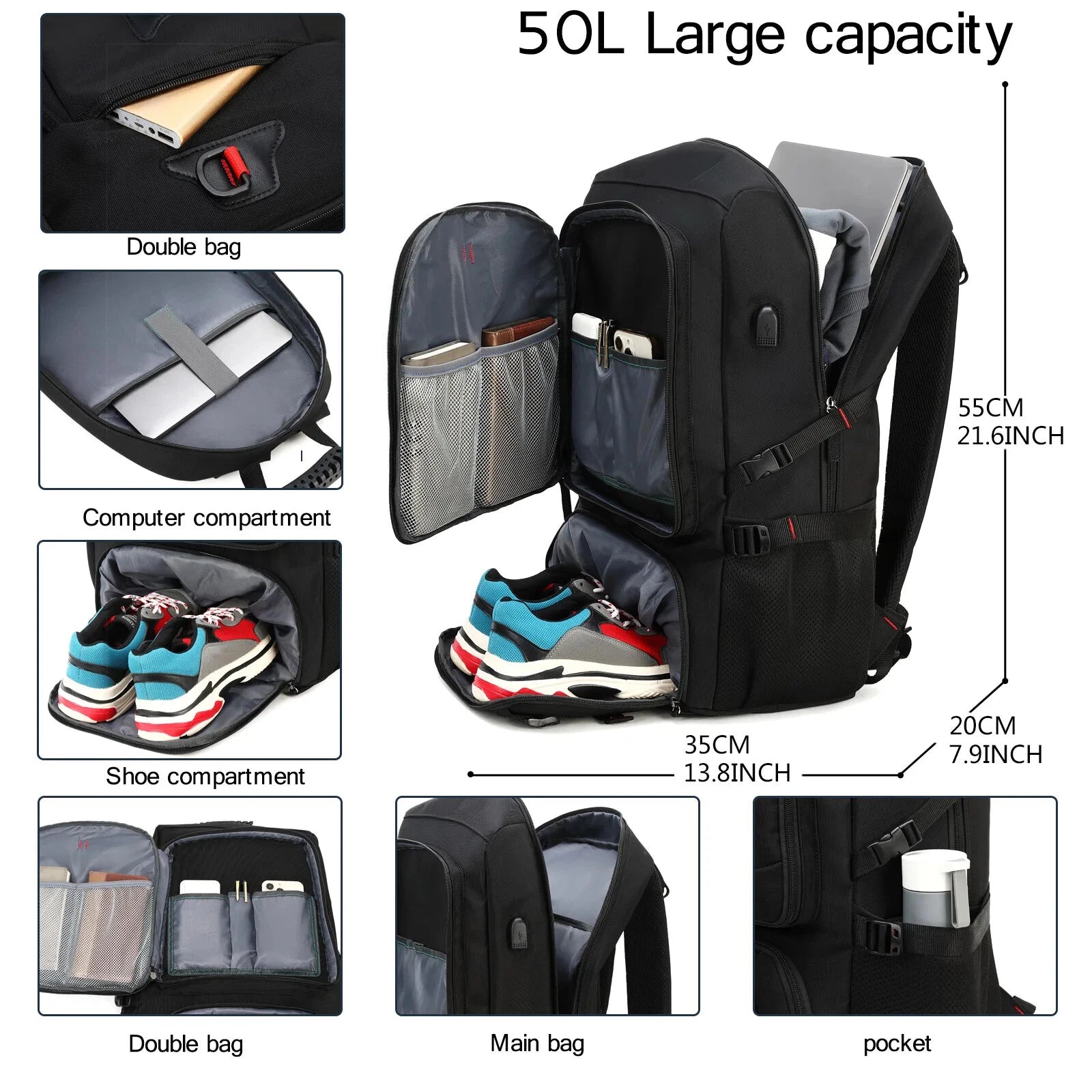 RidgeHaul 50L black travel backpack, alternate view