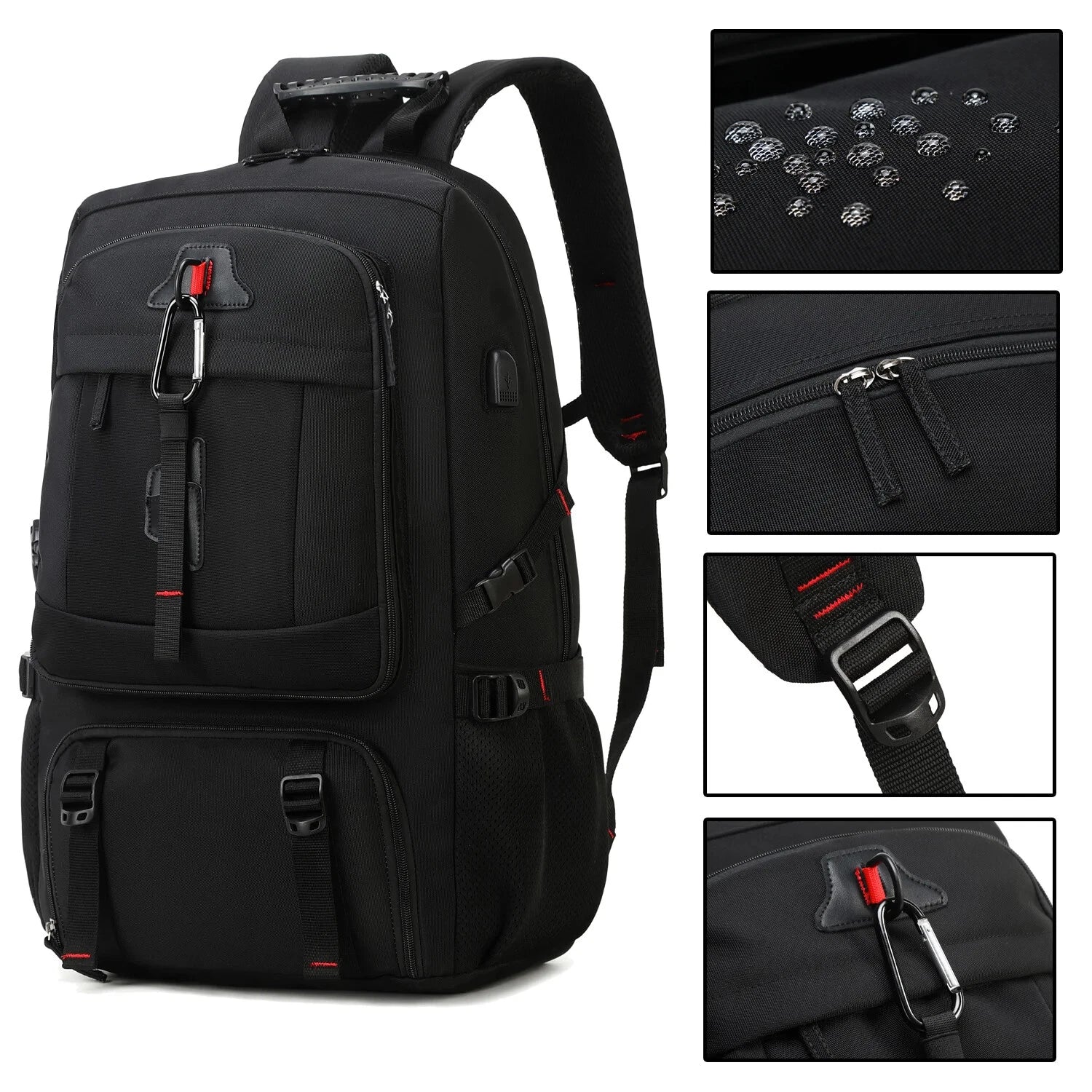 RidgeHaul 50L black travel backpack, feature details