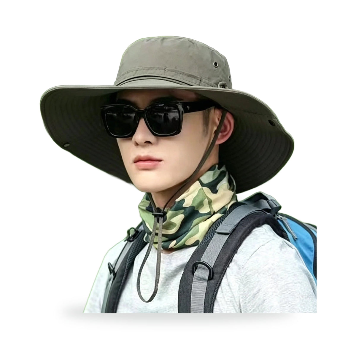 Wide-Brim Sun Hat — Army Green, photographed on a white background