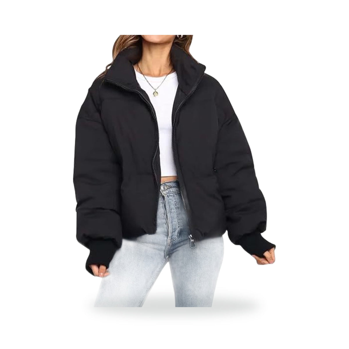 Women's Short Puffer, photographed on a white background