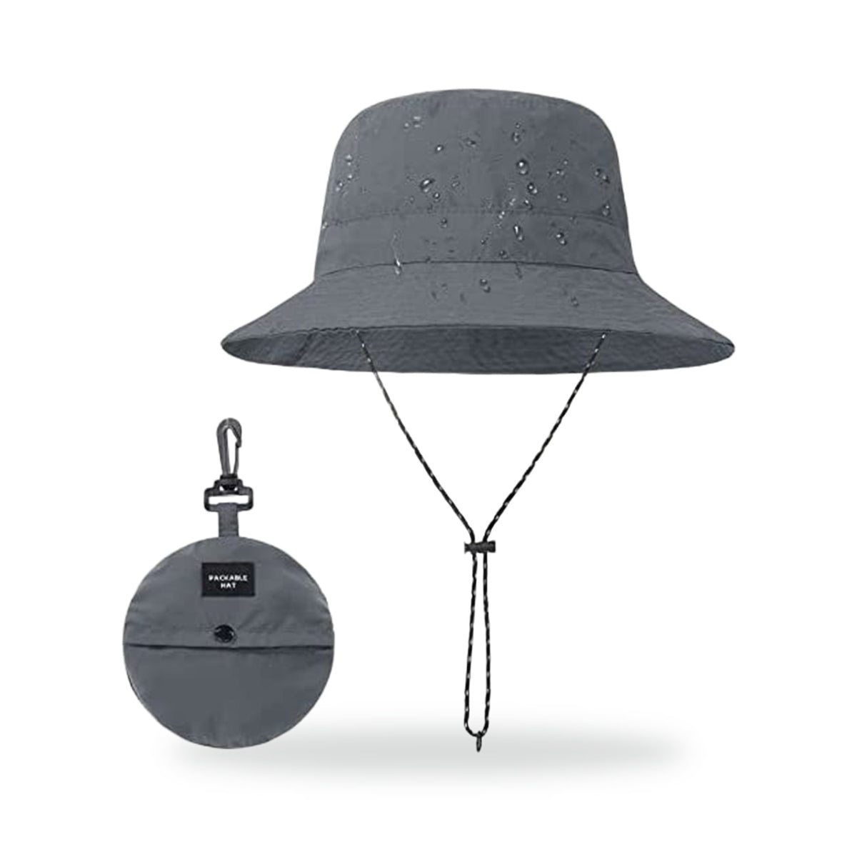 Packable Trail Bucket Hat — Dark Grey, photographed on a white background