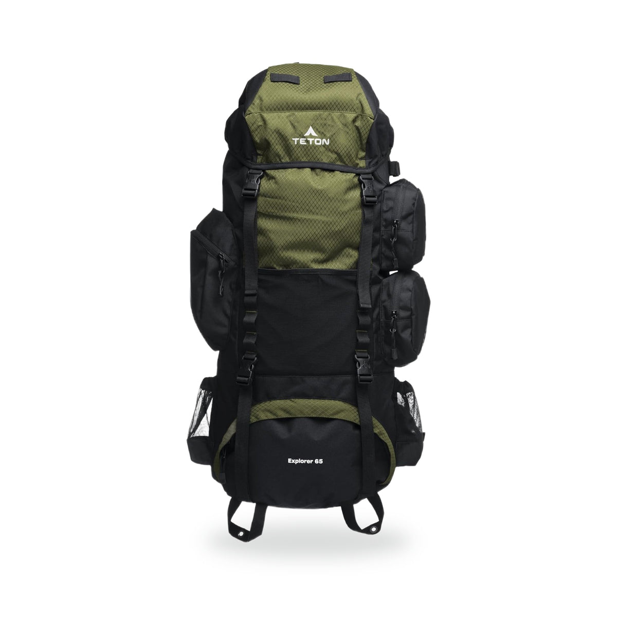 65L Explorer Pack with Rain Cover, photographed on a white background