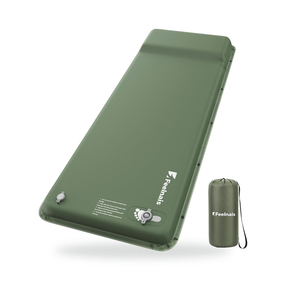 Self-Inflating Camping Pad with Foot Pump — Green, photographed on a white background