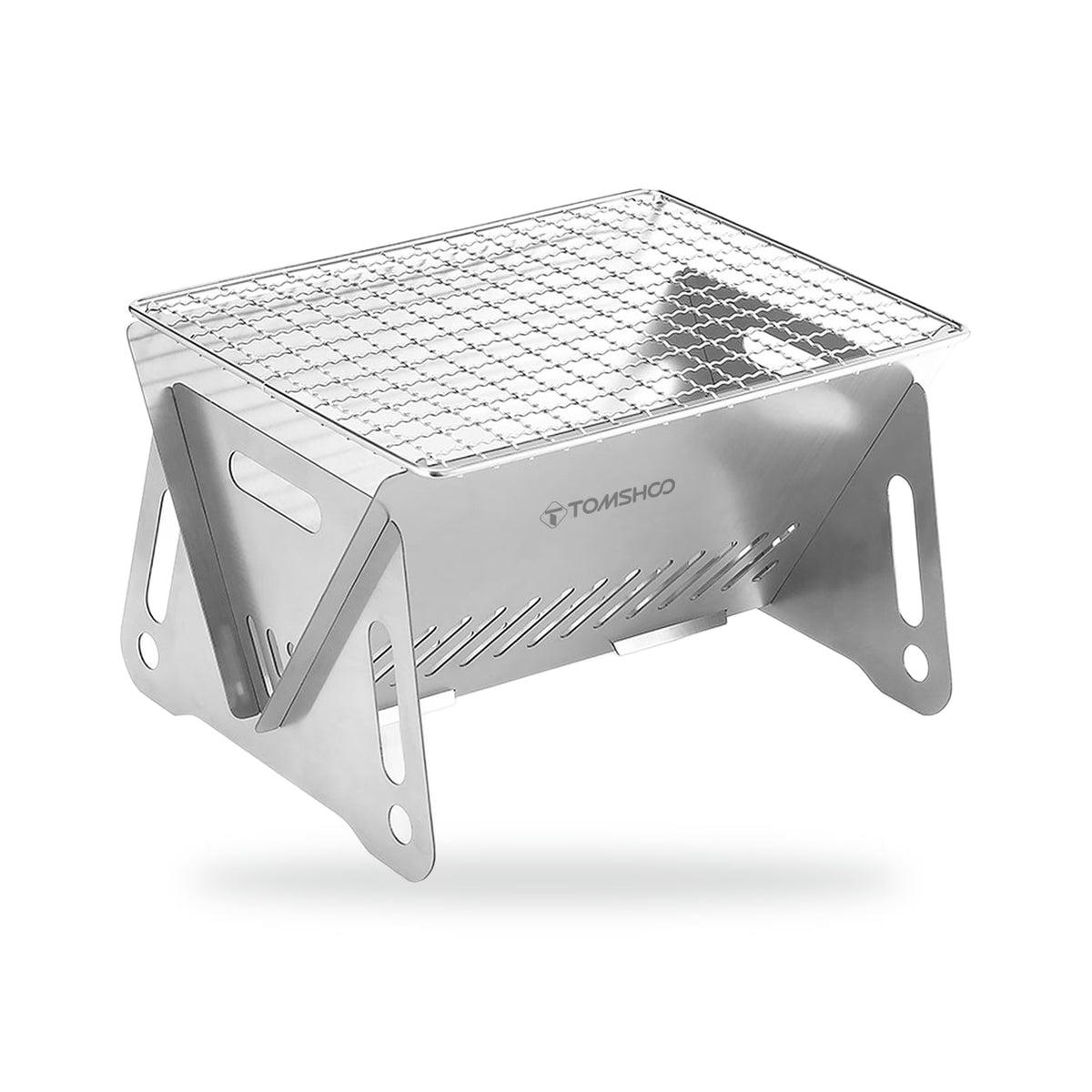 Folding Stainless-Steel Wood Stove, photographed on a white background