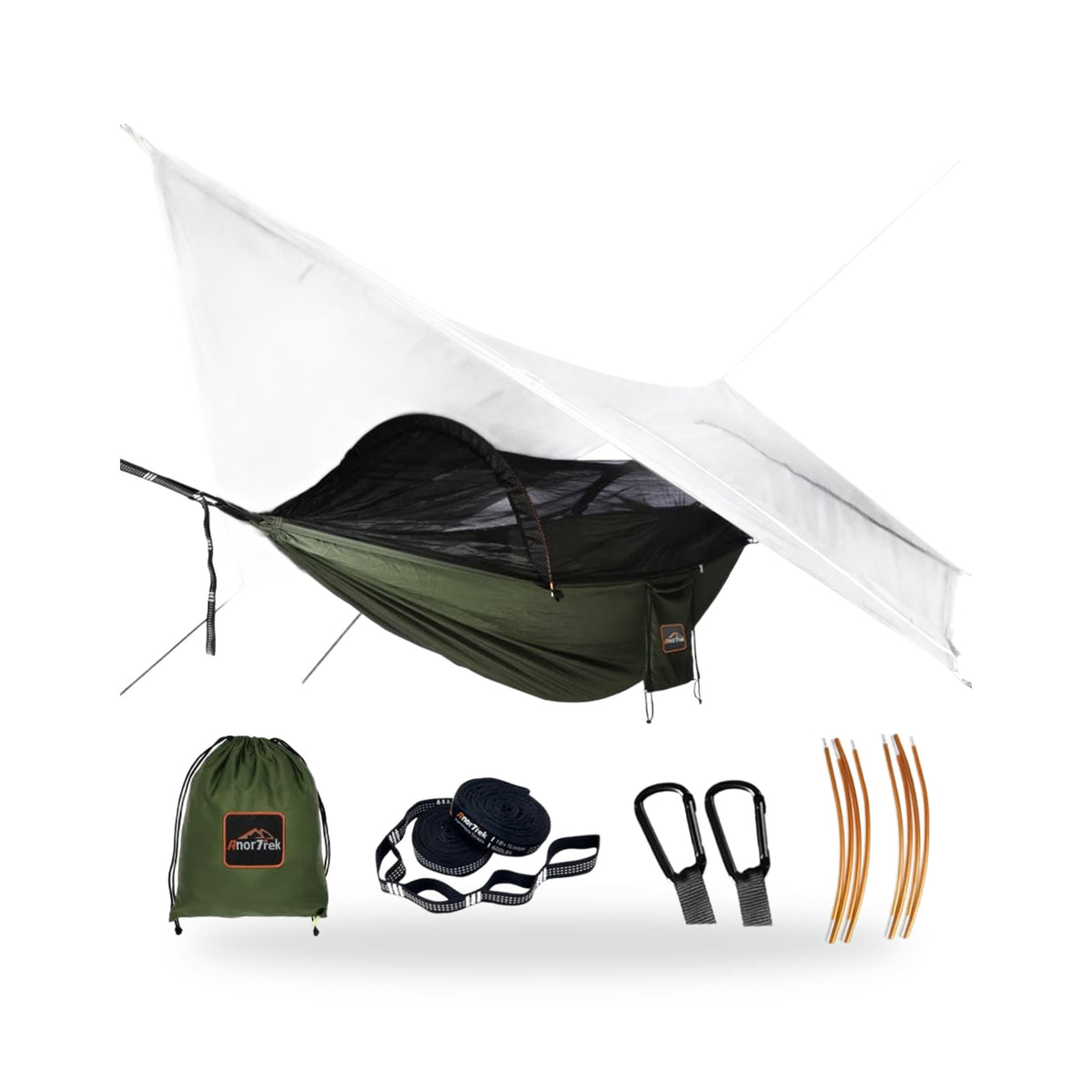 Camping Hammock Shelter with Net and Rain Fly — Green, photographed on a white background