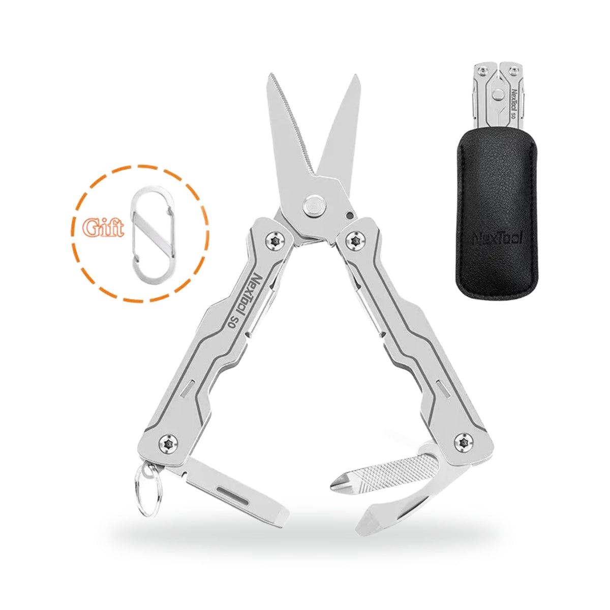 8-in-1 Mini Keychain Multitool, photographed on a white background