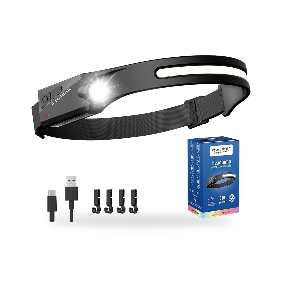 Wide-Beam USB-C Rechargeable Headlamp, photographed on a white background