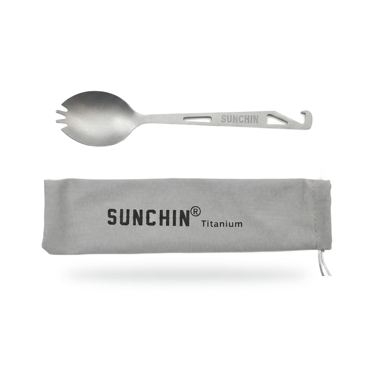 Titanium 3-in-1 Spork with Bottle Opener, photographed on a white background