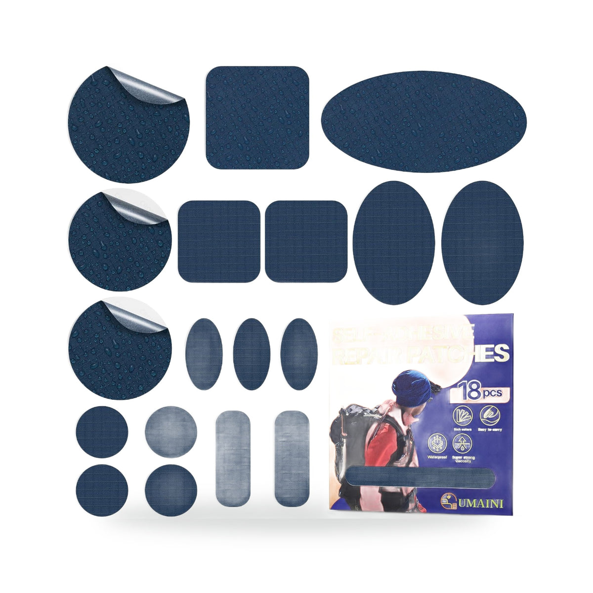 Waterproof Outdoor-Gear Repair Patches — 18 Pack, photographed on a white background