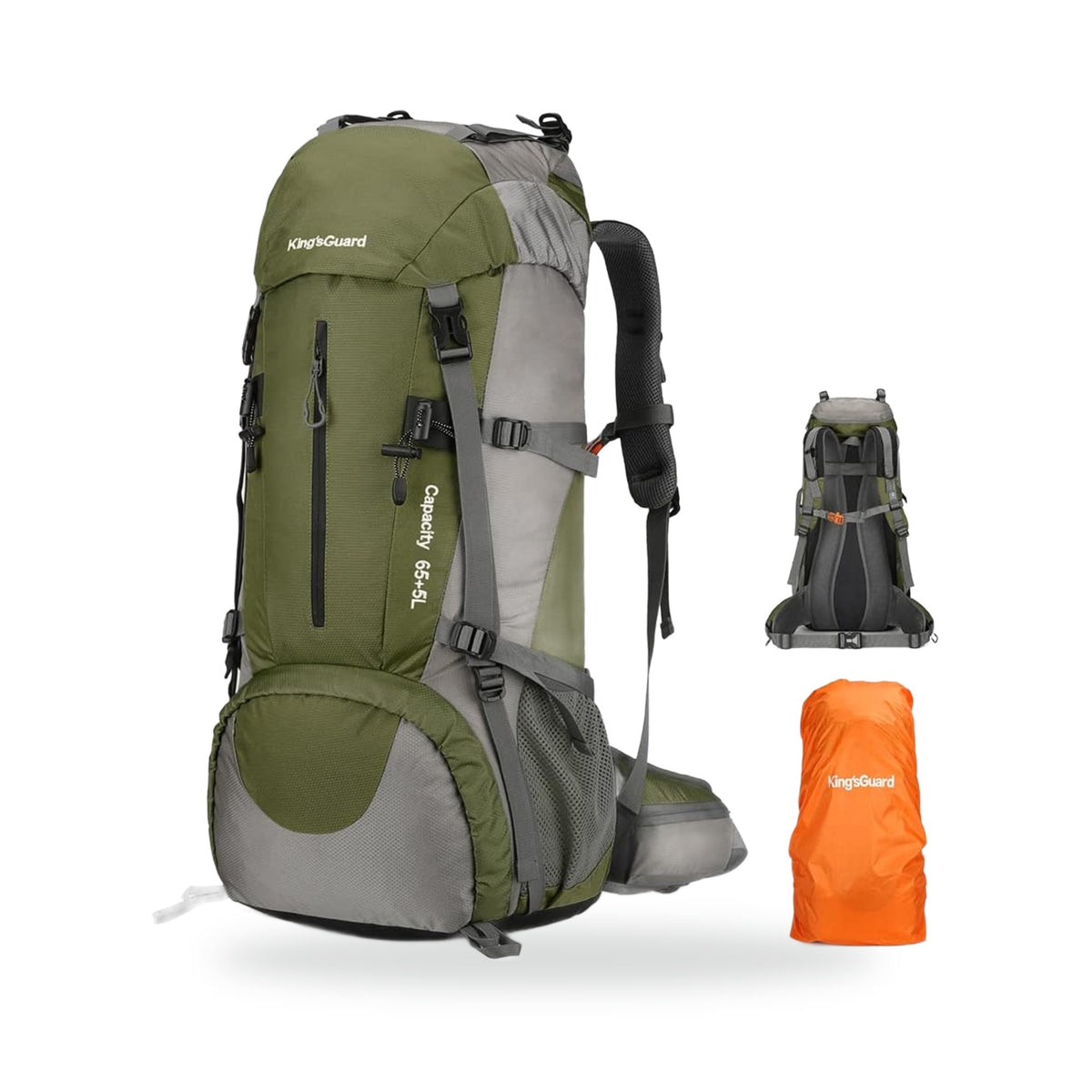 70L Multi-Day Pack with Rain Cover — Army Green, photographed on a white background