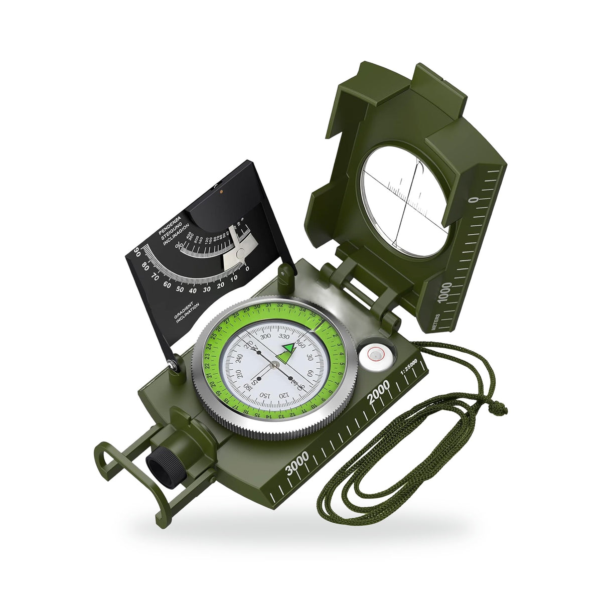 Proster Lensatic Sighting Compass, photographed on a white background
