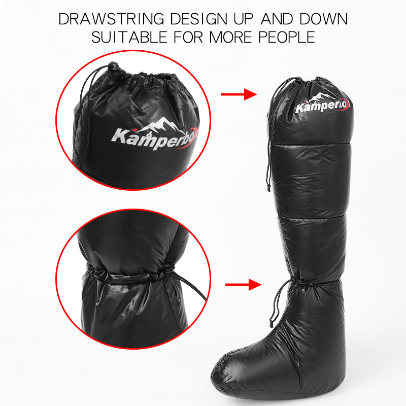 Packable red down camp booties, construction detail view